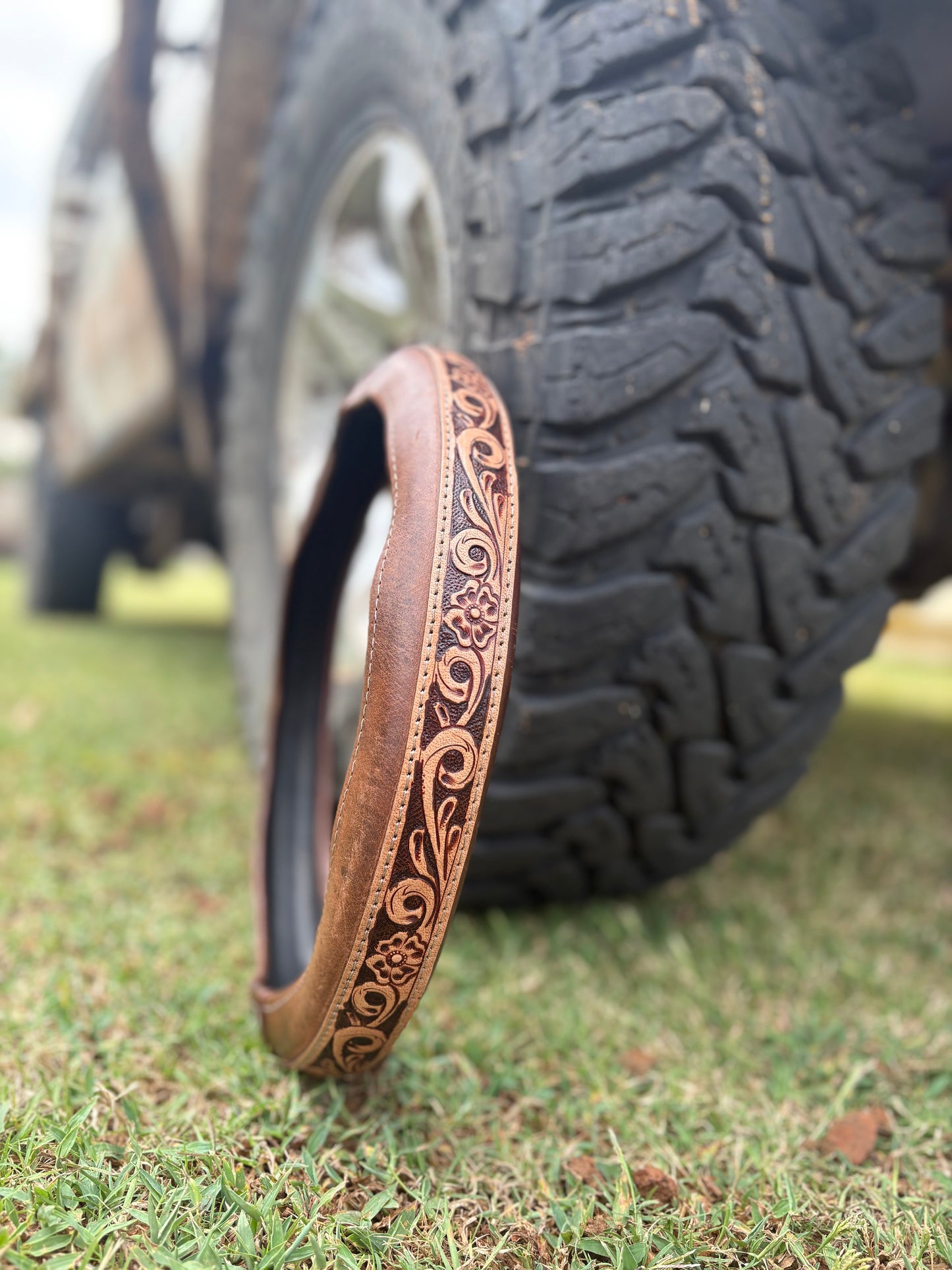 15” Tooled Leather Steering Wheel Covers