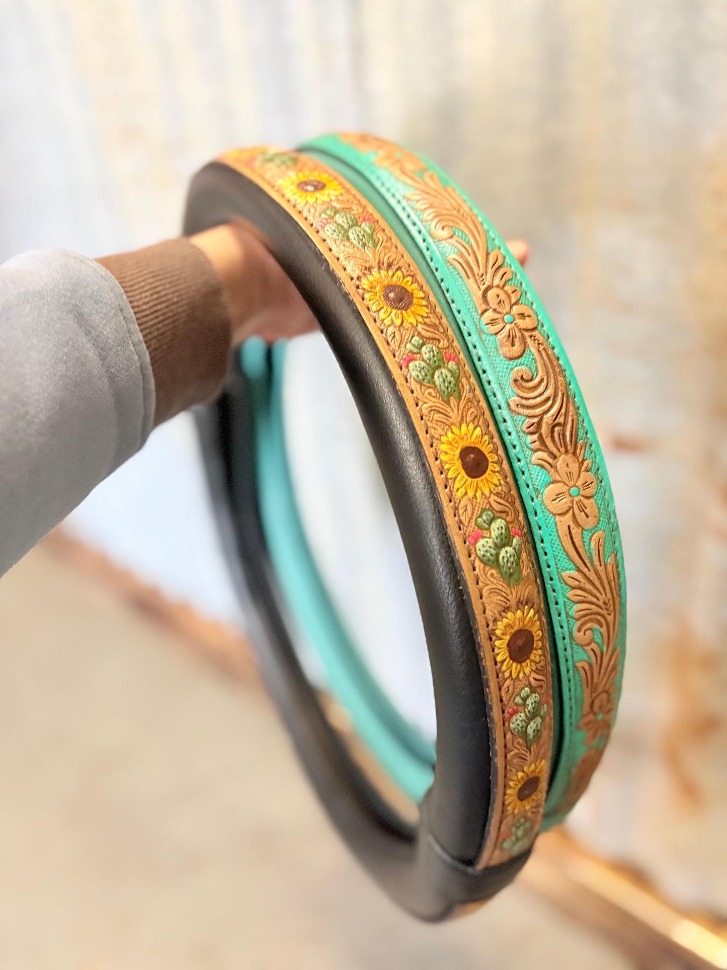 15” Tooled Leather Steering Wheel Covers