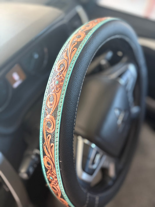 15” Tooled Leather Steering Wheel Covers