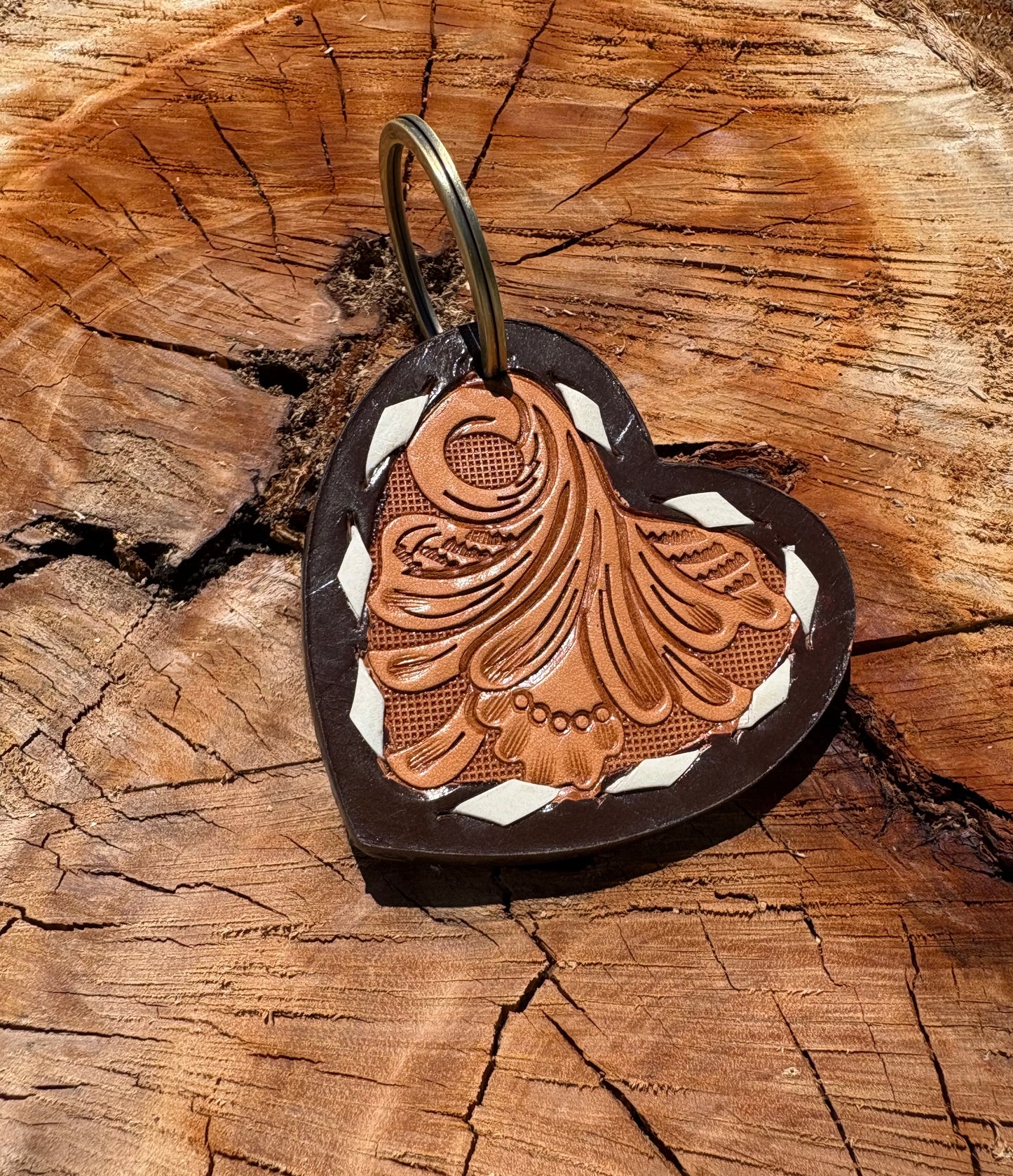Heart Cowhide & Tooled leather Keychain