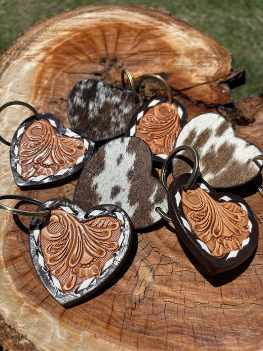 Heart Cowhide & Tooled leather Keychain