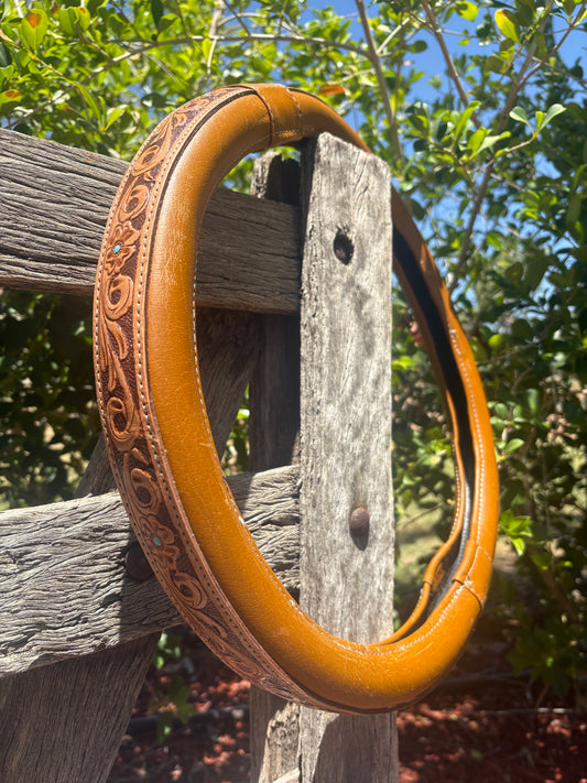 16” Tooled Leather & Cowhide Steering Wheel Cover